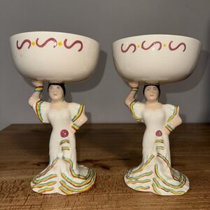 Storyteller Art Margarita Ceramic Glass 9.75"High Set Of 2 Hand Painted Woman
